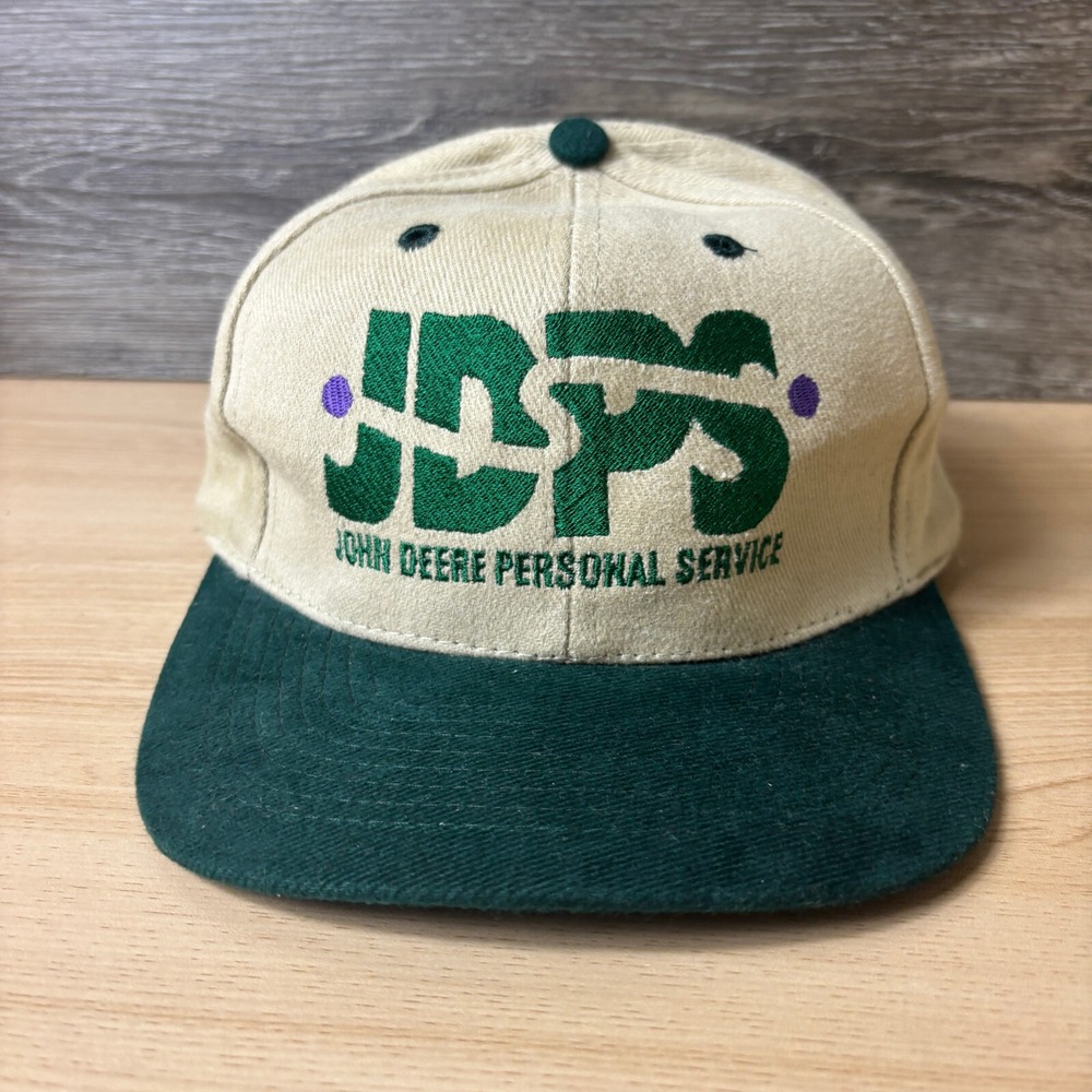 Vintage John Deere Hat Cap Strap Back Beige Green Personal Service Adjustable
